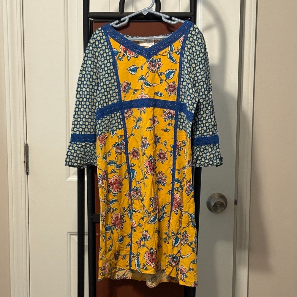 Boho Floral Patchwork V-Neck Tunic Dress in Yellow and Navy